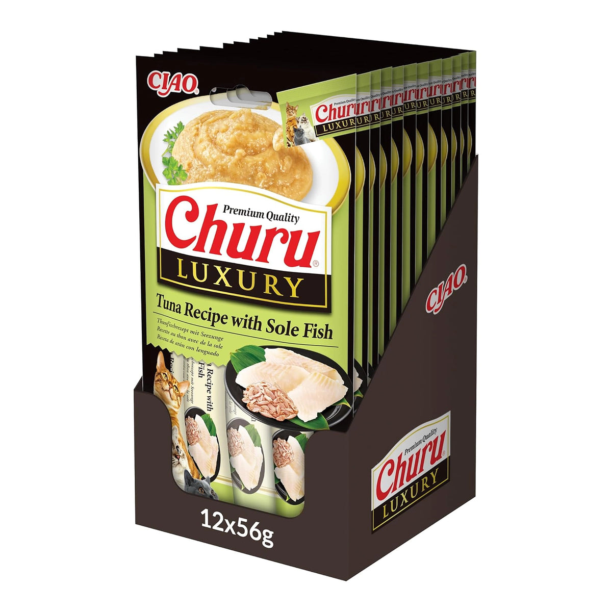 Caja expositora con 12 paquetes de Churu Luxury de atún con lenguado (12 x 56 g), el formato en que se vende