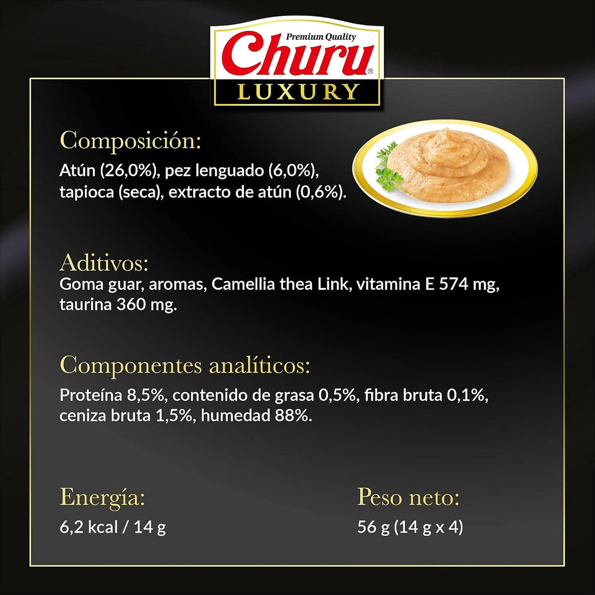 Ficha de Churu Luxury lenguado con composición, aditivos, analíticos, 6,2 kcal por tubo y peso neto de 56 g