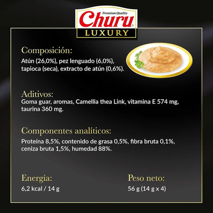 Ficha de Churu Luxury lenguado con composición, aditivos, analíticos, 6,2 kcal por tubo y peso neto de 56 g