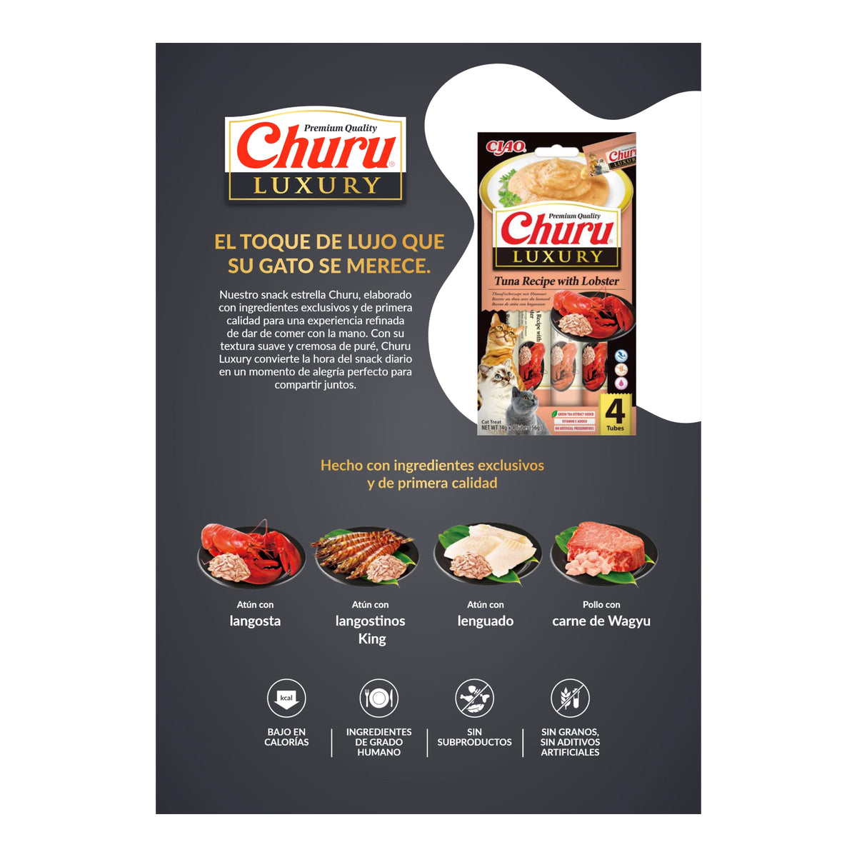 Lámina en español de la gama Churu Luxury, con la bolsa de atún con langosta y las cuatro recetas ilustradas