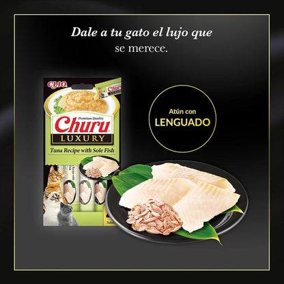 Lámina de Churu Luxury lenguado: el paquete de atún con lenguado junto a lenguado y atún en un plato