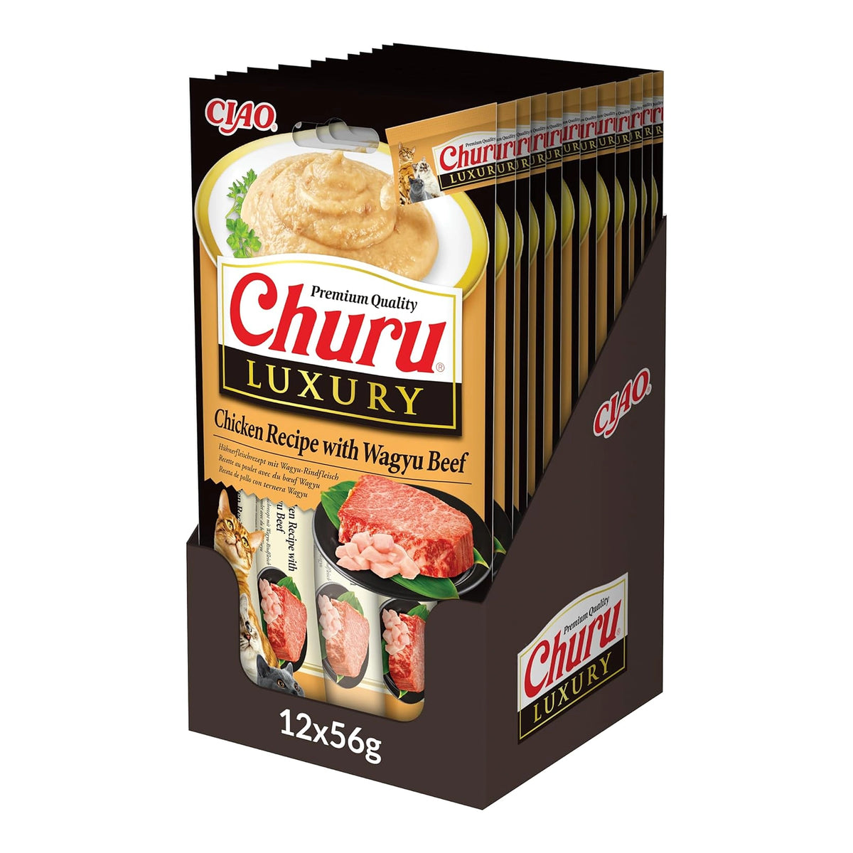 Caja expositora con 12 paquetes de Churu Luxury de pollo con wagyu (12 x 56 g), el formato en que se vende
