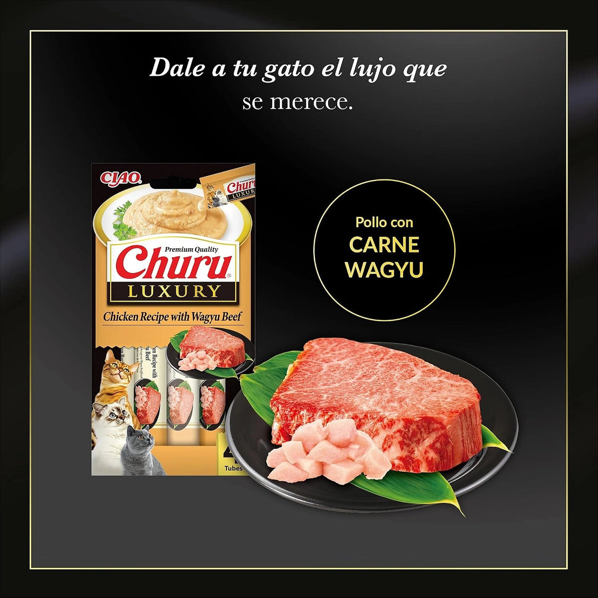 Lámina de Churu Luxury wagyu: el paquete de pollo con wagyu junto a carne de wagyu y pollo en un plato