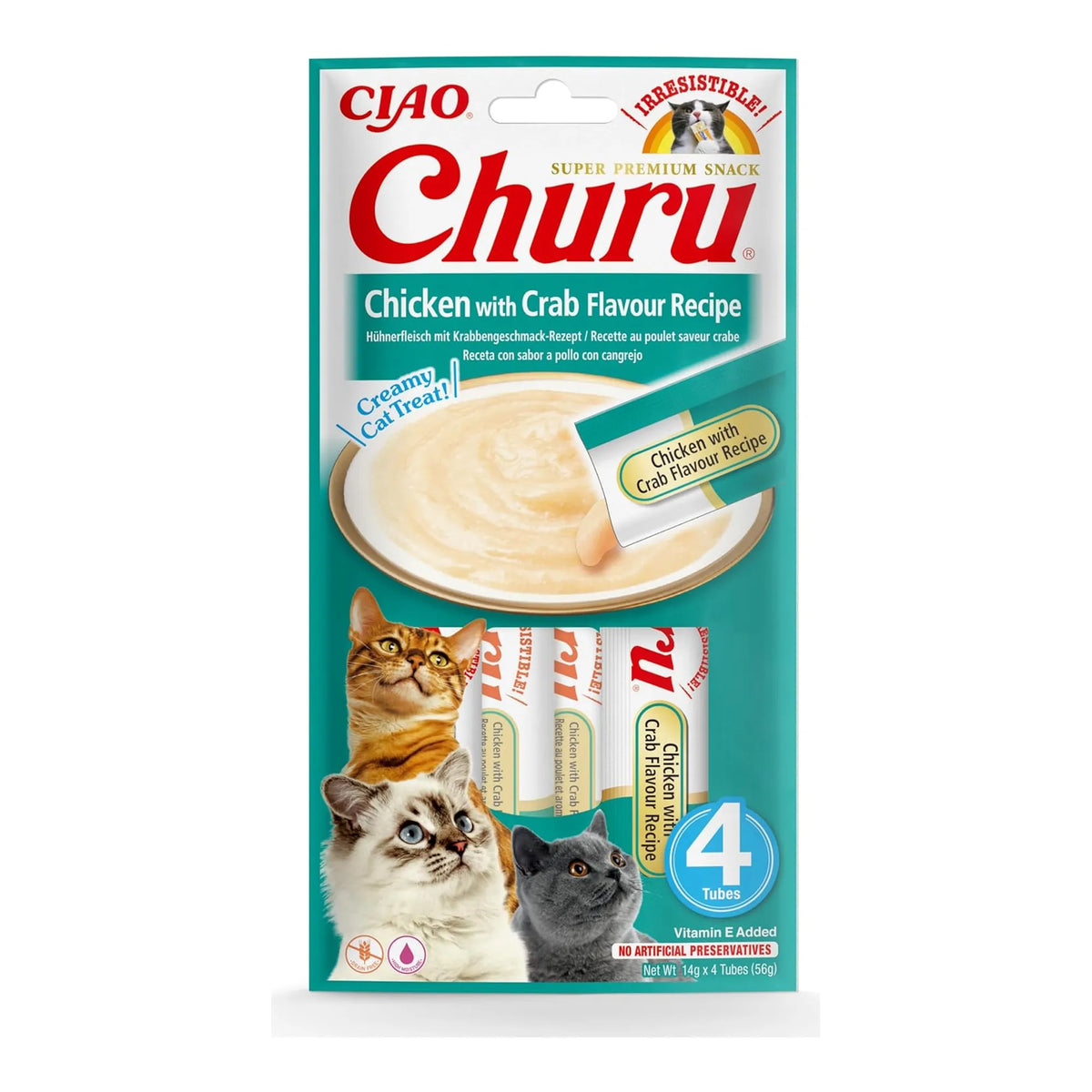 Churu de pollo con sabor a cangrejo para gatos, paquete de 4 tubos de 14 g (56 g), EAN 18859387700756