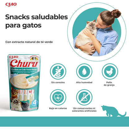 Mujer abrazando a su gato junto al paquete de Churu de pollo con sabor a cangrejo y varios iconos