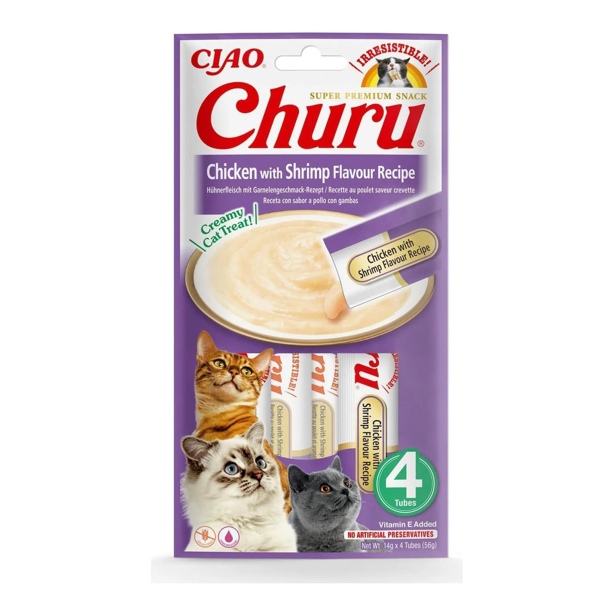 Churu de pollo con sabor a gamba para gatos, paquete de 4 tubos de 14 g (56 g), EAN 18859387700749