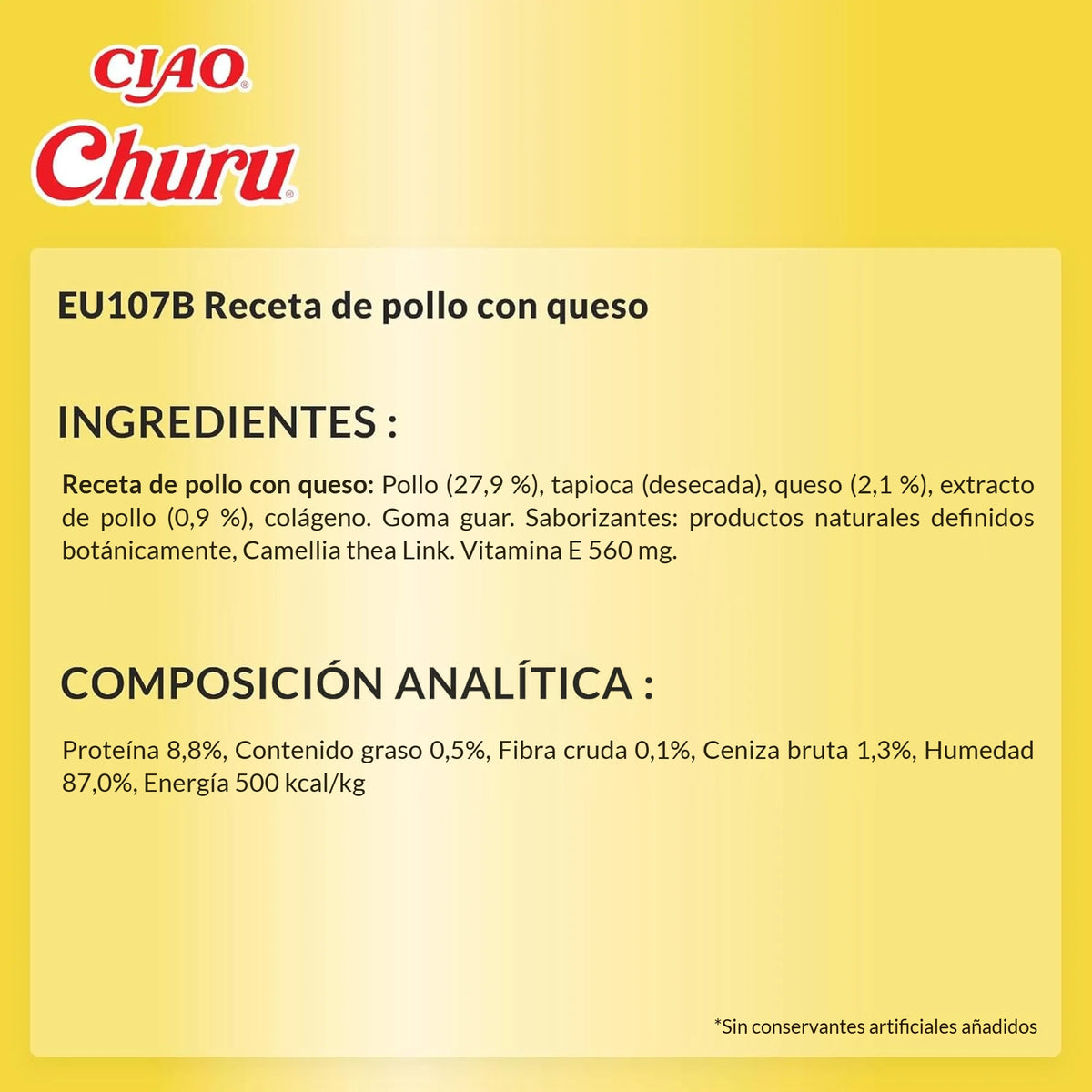 Ficha técnica en español del Churu de pollo con queso, con los ingredientes y la composición analítica