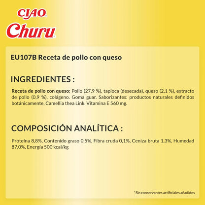 Ficha técnica en español del Churu de pollo con queso, con los ingredientes y la composición analítica