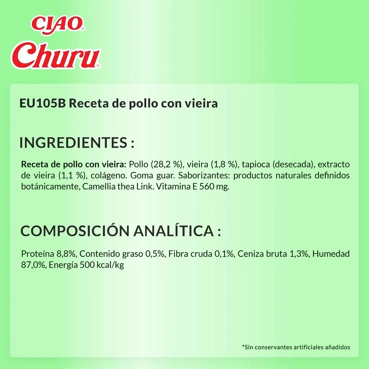 Ficha técnica en español del Churu de pollo con vieira con ingredientes y analíticos