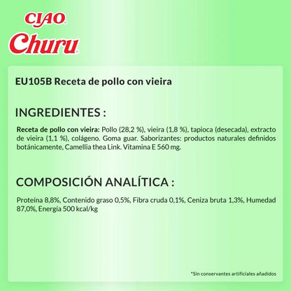 Ficha técnica en español del Churu de pollo con vieira con ingredientes y analíticos