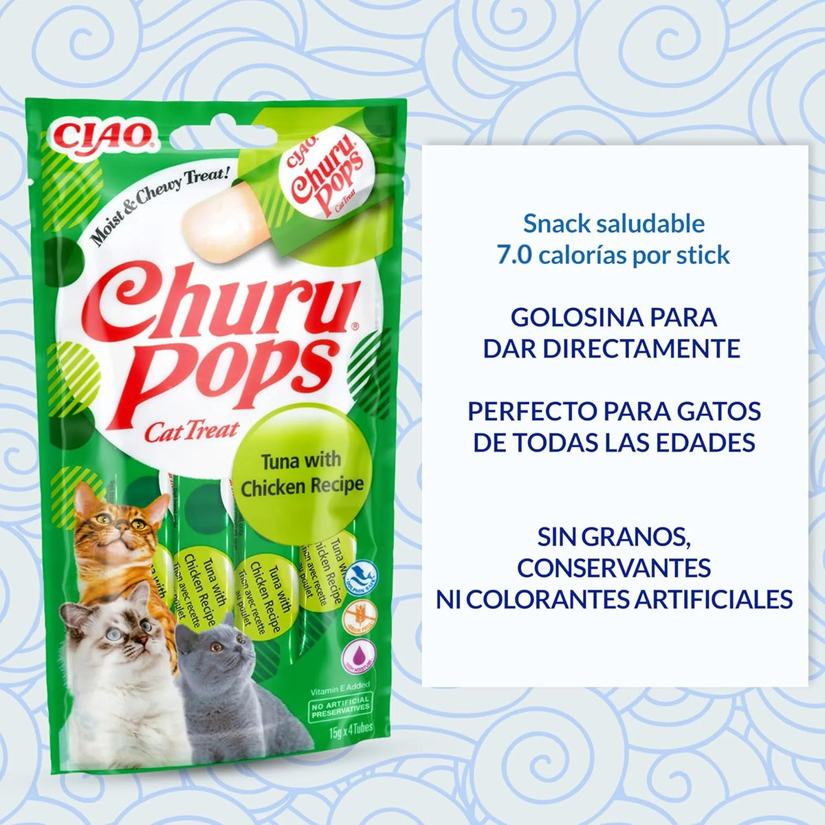 Bolsa de Churu Pops de atún con pollo junto a un panel de texto con las características del premio