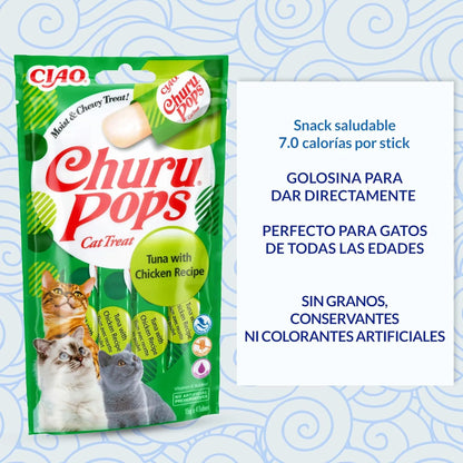 Bolsa de Churu Pops de atún con pollo junto a un panel de texto con las características del premio