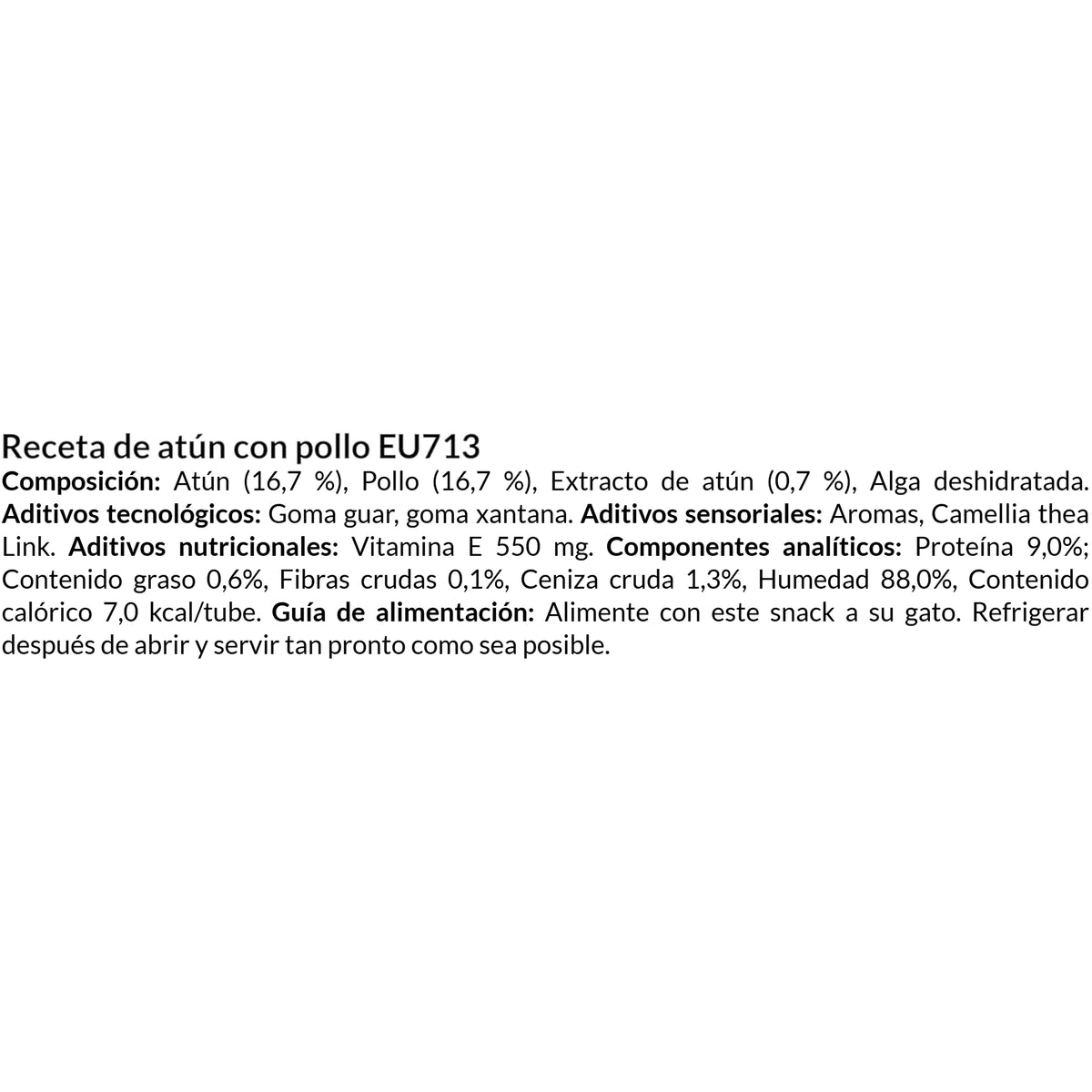 Ficha técnica en texto de Churu Pops de atún con pollo con composición, aditivos y analíticos