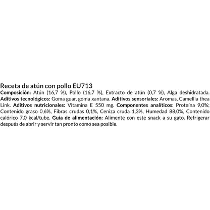 Ficha técnica en texto de Churu Pops de atún con pollo con composición, aditivos y analíticos