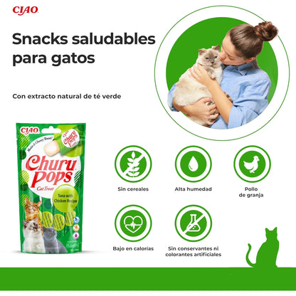 Mujer que abraza a su gato al lado de la bolsa de la receta, acompañada de cinco iconos