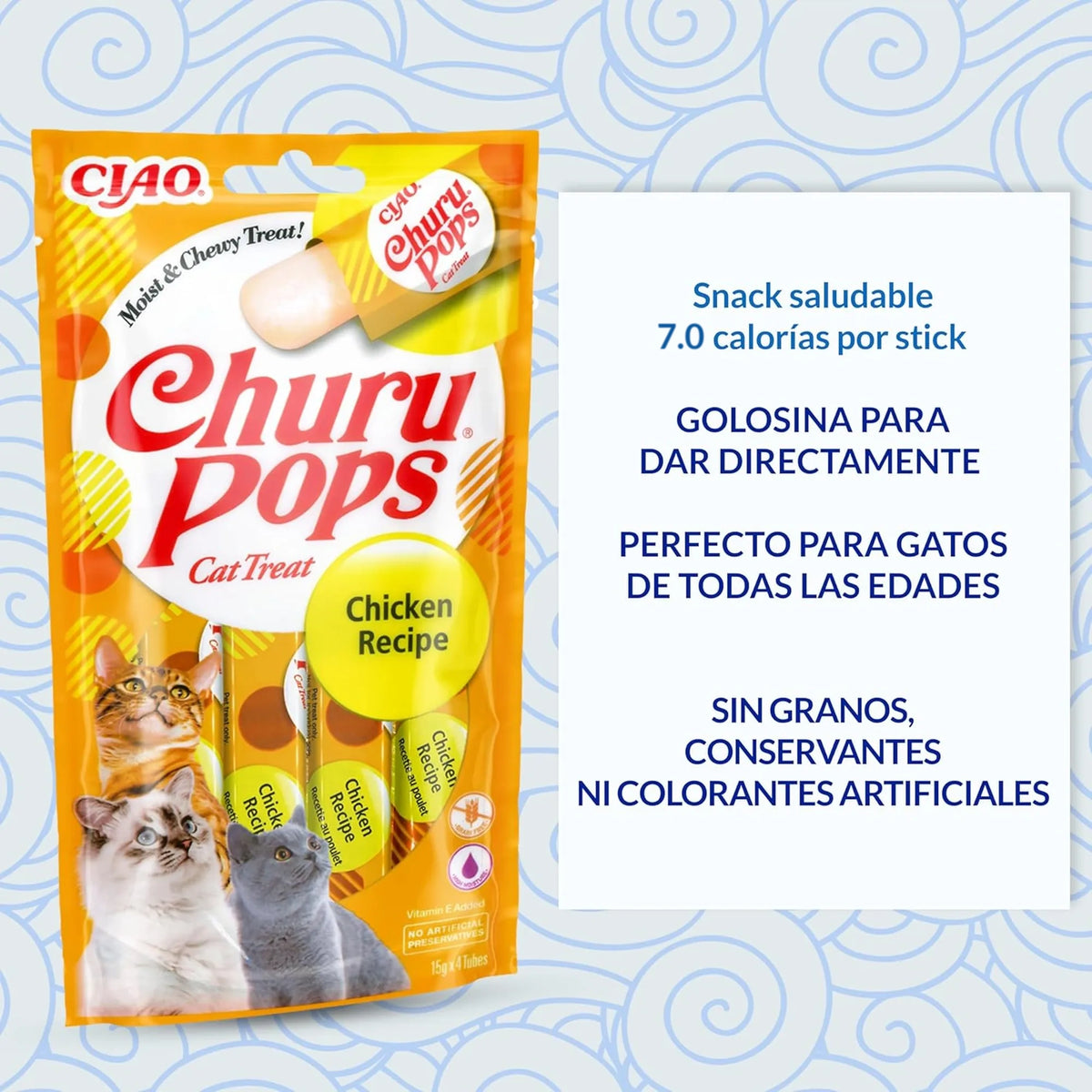 Bolsa de Churu Pops junto a un panel con los puntos que destaca la marca, sobre un fondo de olas