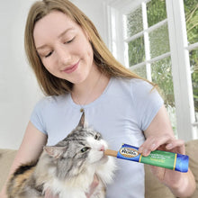 Mujer joven sonriente que ofrece un rollito a un gato gris y blanco en una habitación luminosa