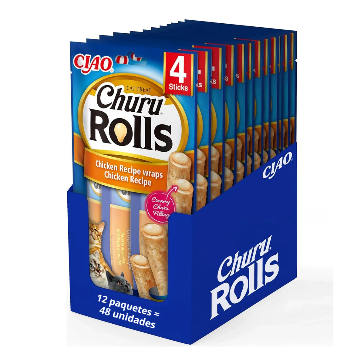 Caja expositora con doce paquetes de Churu Rolls de pollo para gatos