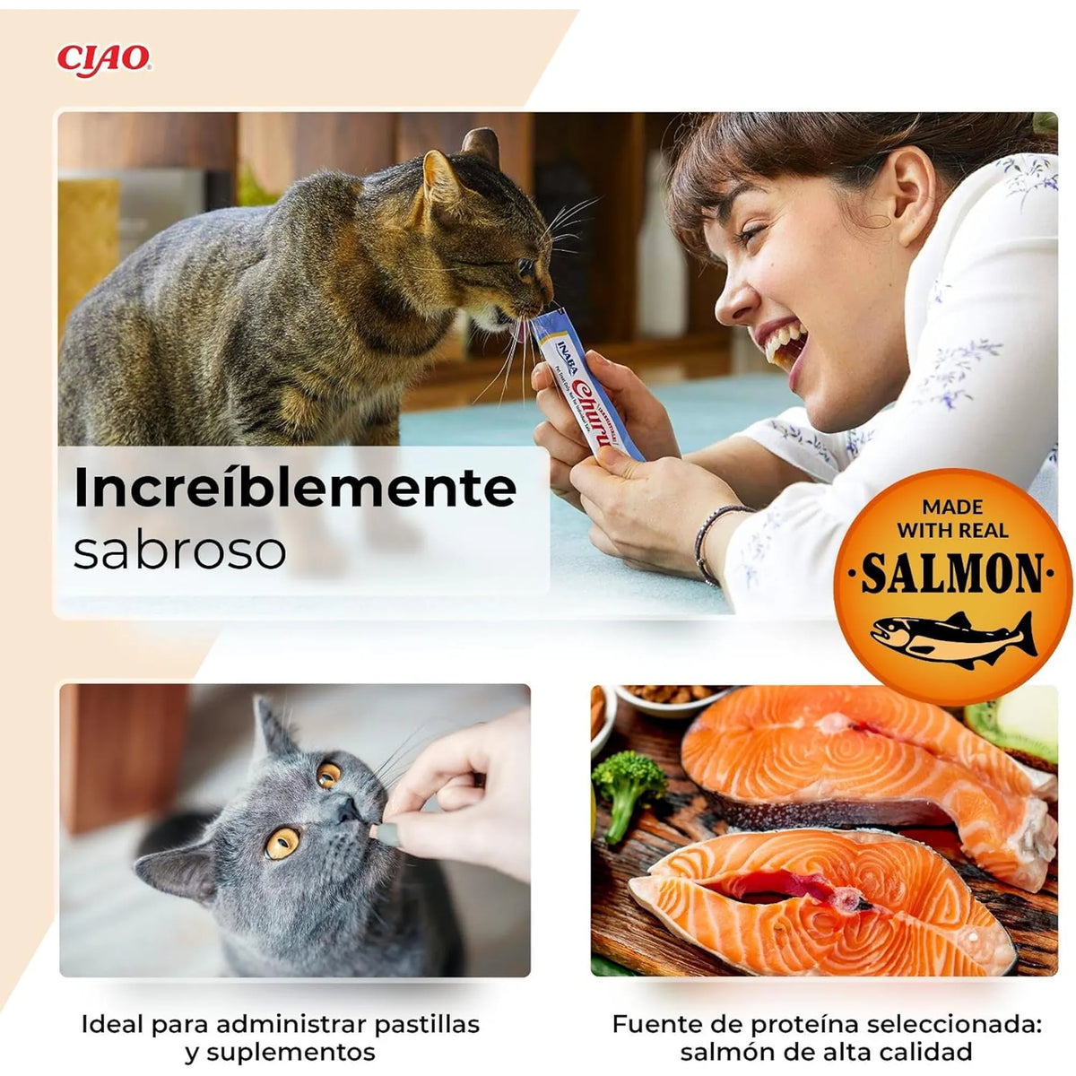 Collage con una mujer que comparte un tubo con su gato y un plato de salmón, bajo un rótulo