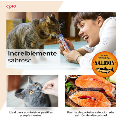 Collage en el que una mujer y un gato comparten un tubo, con un plato de salmón al lado