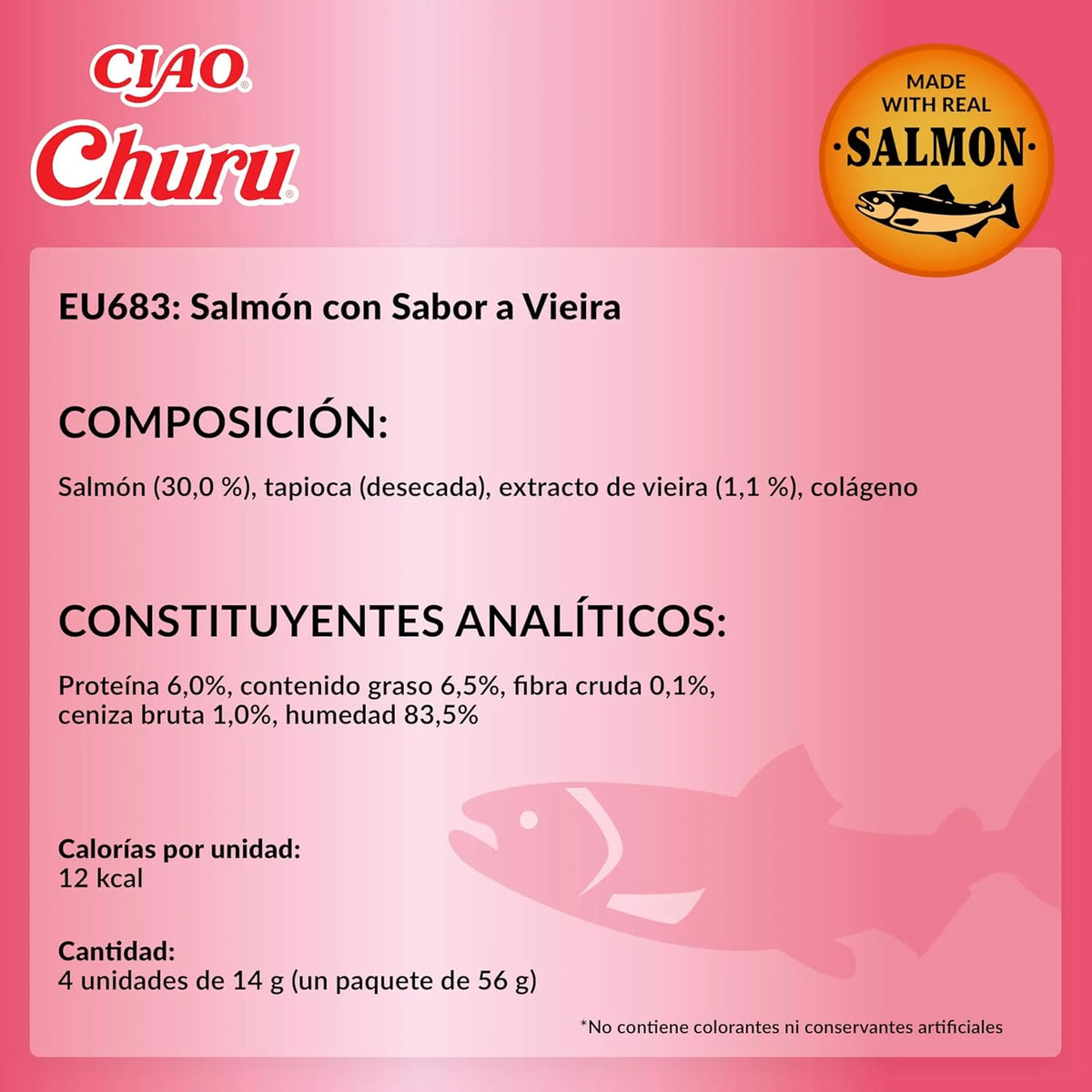 Ficha técnica en español del Churu de salmón con sabor a vieira, con su composición