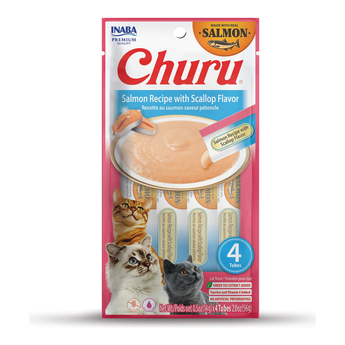 Churu de salmón con sabor a vieira para gatos, paquete de 4 tubos de 14 g (56 g), EAN 14262365731316