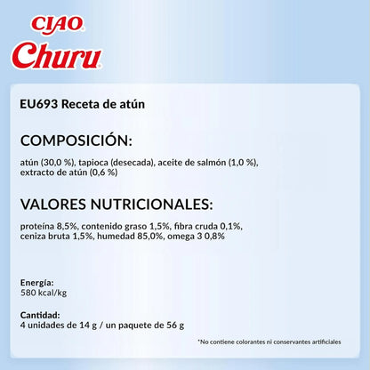 Ficha técnica en español del Churu Senior de atún con composición y valores nutricionales