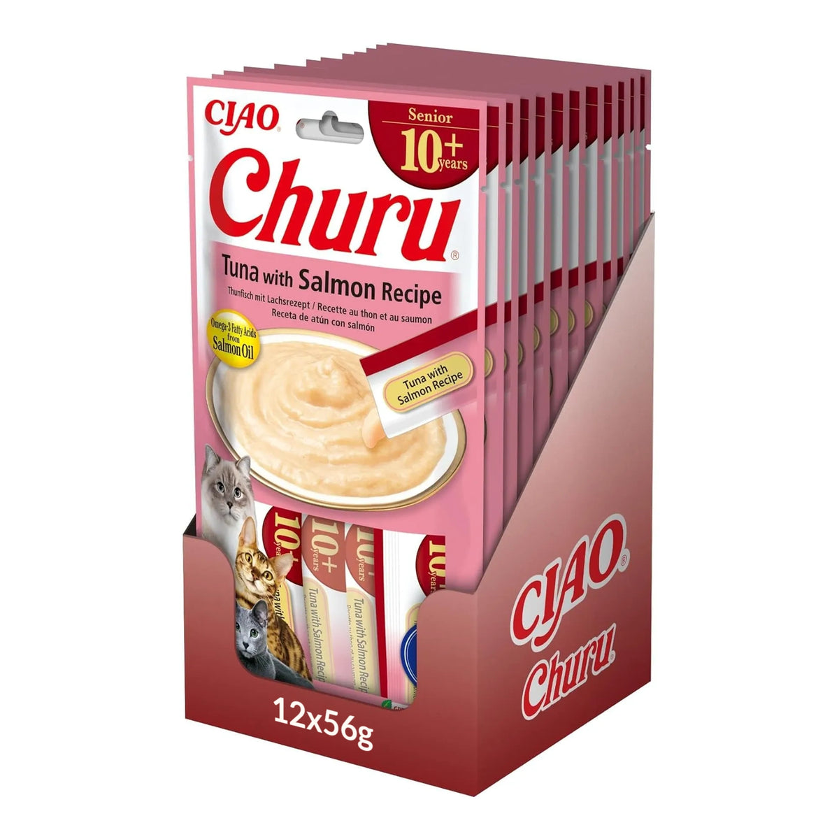 Caja expositora con paquetes de Churu Senior de atún con salmón