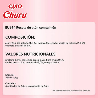 Ficha técnica en español del Churu Senior de atún con salmón, con composición y valores