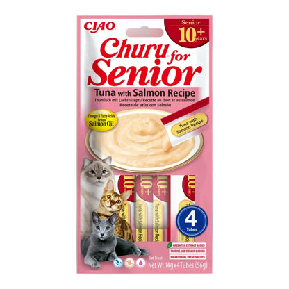 Churu Senior 10+ de atún con salmón para gatos mayores, paquete de 4 tubos de 14 g (56 g), EAN 14262365731347