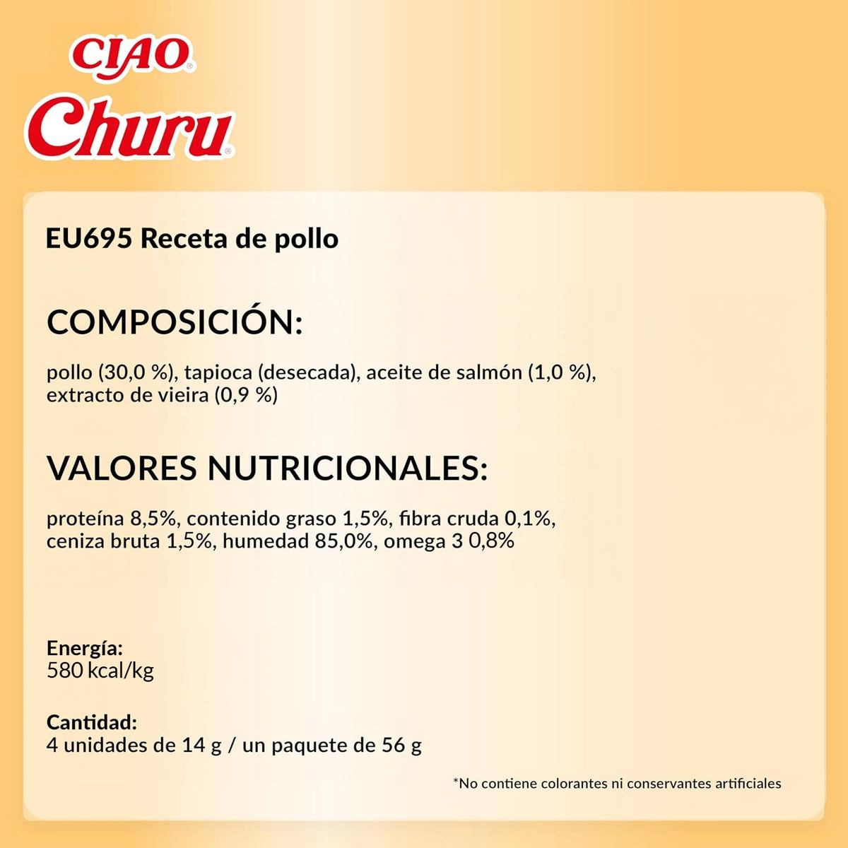 Ficha técnica en español del Churu Senior de pollo, con la composición y los valores nutricionales