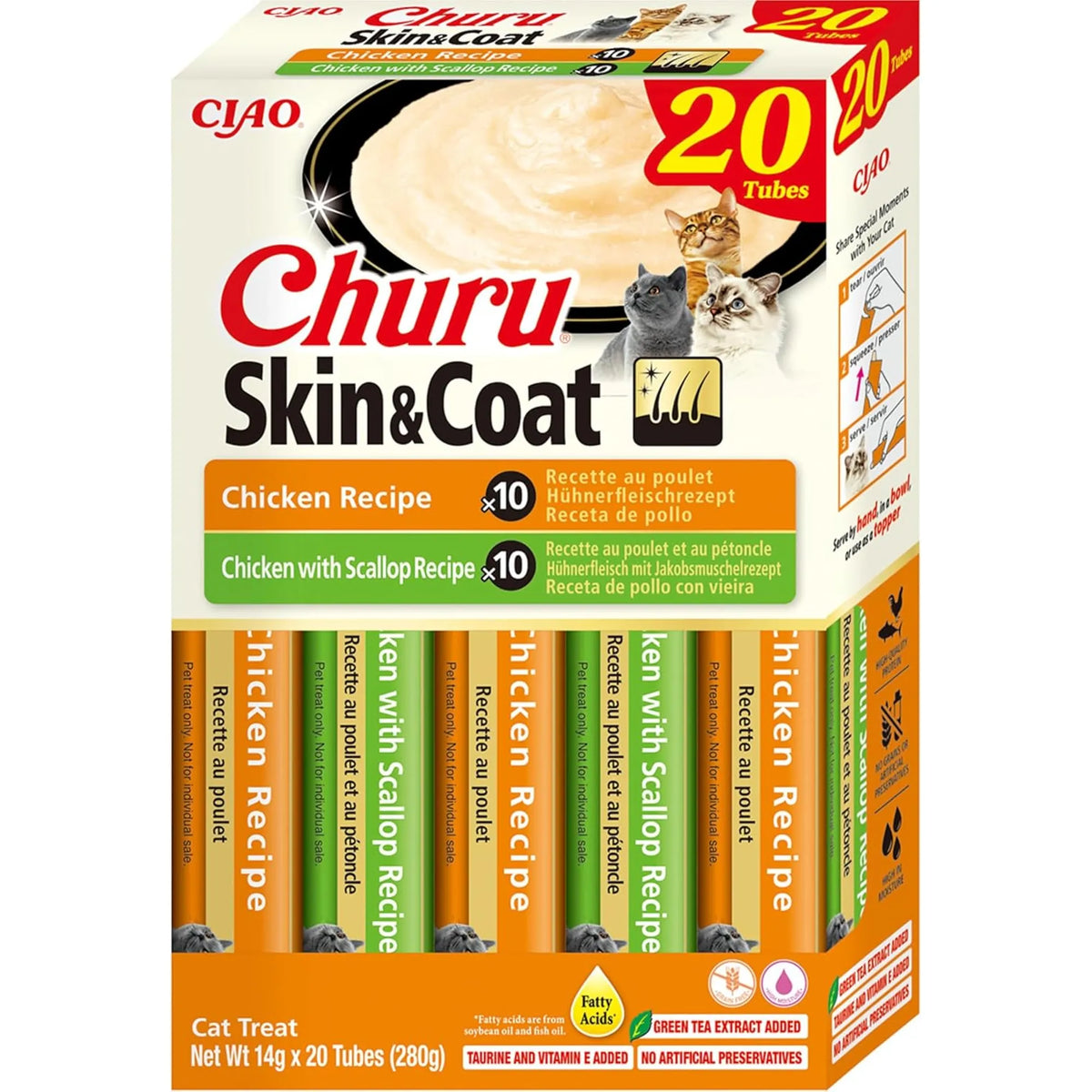 Churu Skin & Coat variedades de pollo para gatos, caja de 20 tubos de 14 g (280 g), EAN 4262365731371
