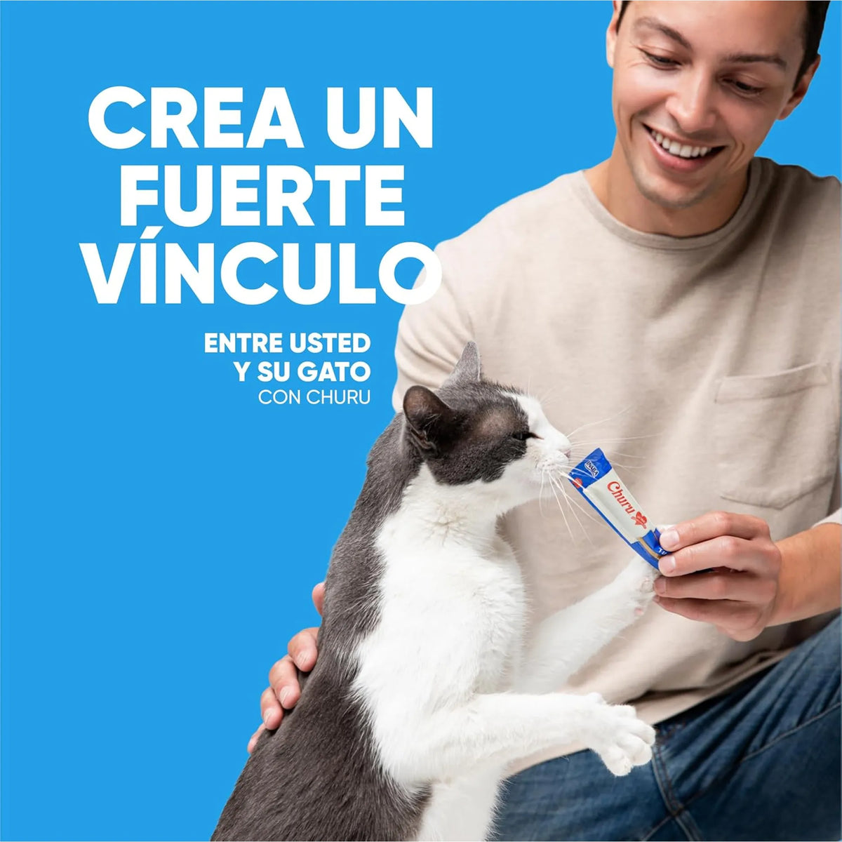 Hombre ofreciendo un tubo a un gato blanco y gris, junto a un rótulo sobre el vínculo