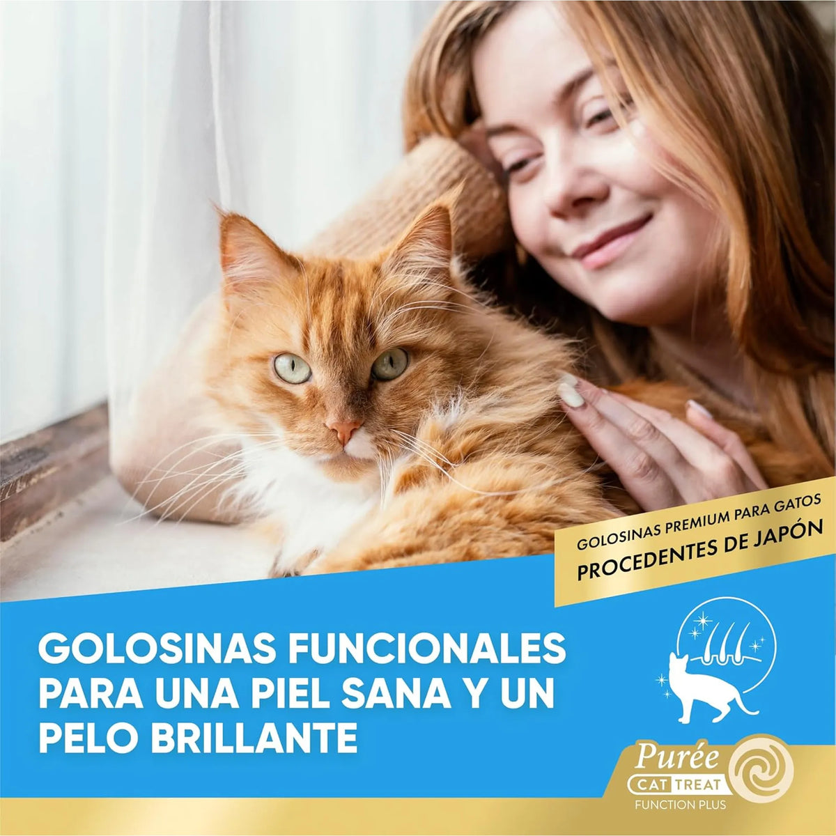 Mujer pelirroja junto a un gato atigrado naranja, con un rótulo de presentación