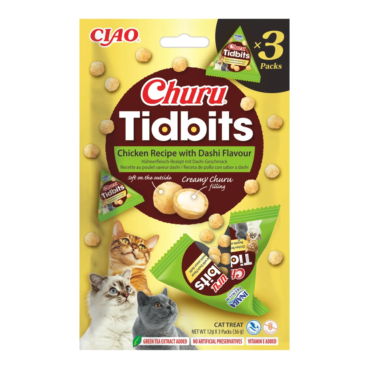 Churu Tidbits de pollo con sabor a dashi para gatos, paquete de 3 bolsitas de 12 g (36 g), EAN 14262365731927