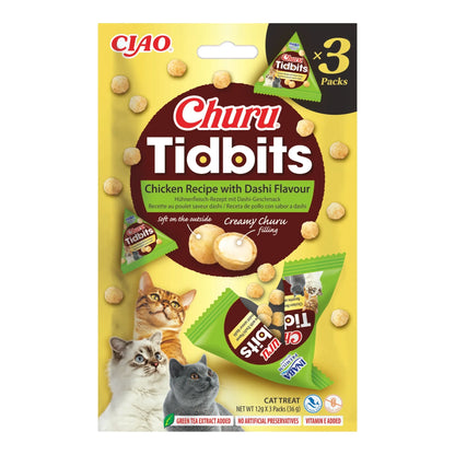Churu Tidbits de pollo con sabor a dashi para gatos, paquete de 3 bolsitas de 12 g (36 g), EAN 14262365731927