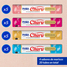 Los cuatro tubos de Churu de marisco del pack, cinco de cada receta, sobre fondo rosa: 20 en total