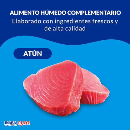 Atún fotografiado sobre un fondo azul con el rótulo «Alimento húmedo complementario»