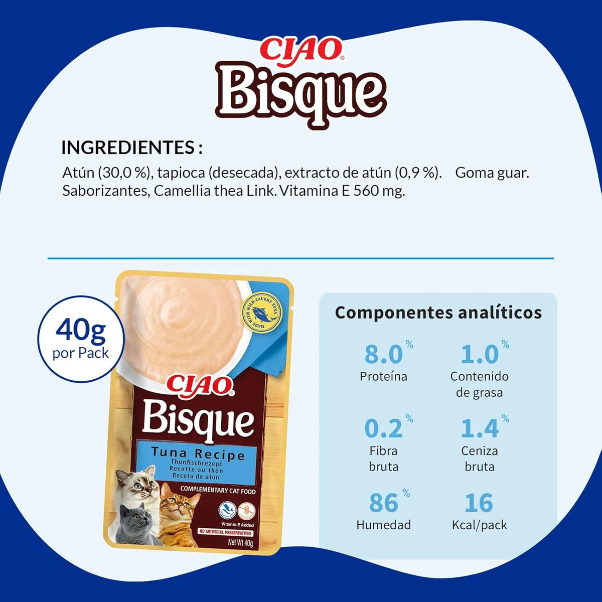 Lámina de la bolsa con la lista de ingredientes y la tabla de componentes analíticos