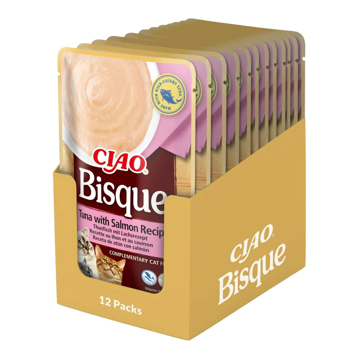 Caja expositora abierta y repleta de bolsas iguales de Ciao Bisque de atún con salmón