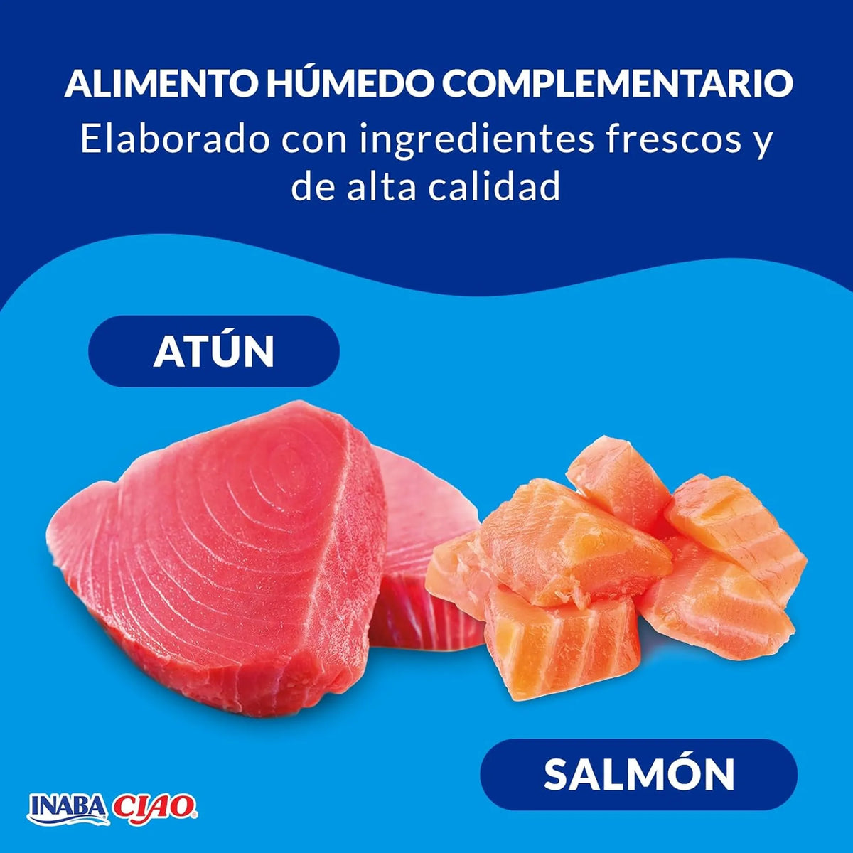Los pescados de la receta fotografiados sobre fondo azul con el rótulo «Alimento húmedo complementario»