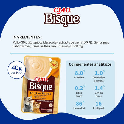 Lámina de Ciao Bisque con los ingredientes, el sobre de 40 g y la tabla de componentes analíticos