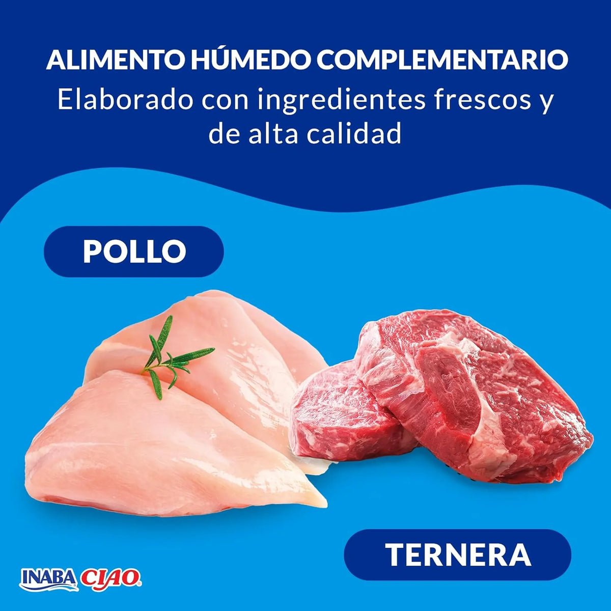 Pollo y ternera fotografiados sobre fondo azul con el rótulo «Alimento húmedo complementario»
