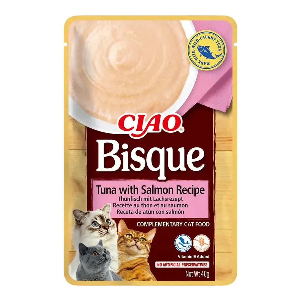 Bolsa rosa y dorada de Ciao Bisque con la receta de atún con salmón