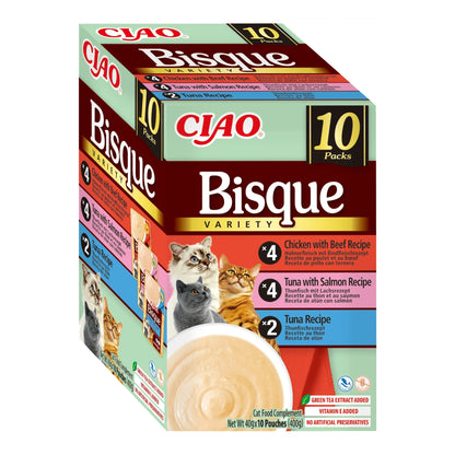 Ciao Bisque variedades de pollo con ternera, atún con salmón y atún para gatos, caja de 10 bolsas de 40 g, EAN 4262365732002