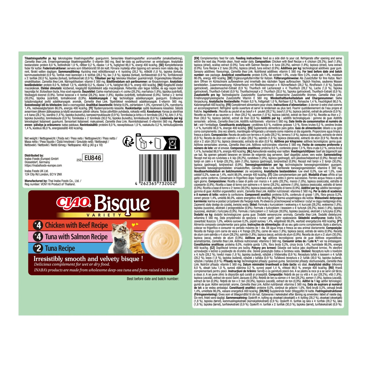 Dorso de la caja con texto legal en varios idiomas, código de barras y el recuento de bolsas por receta