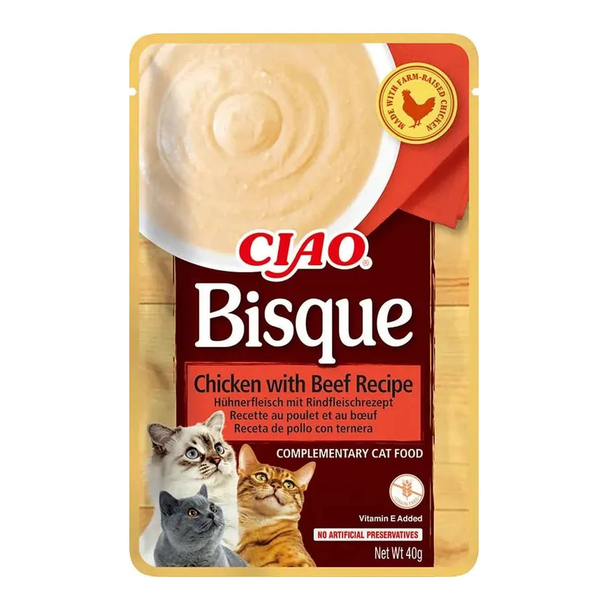 Bolsa roja y dorada de Ciao Bisque de pollo con ternera, la segunda receta de la caja