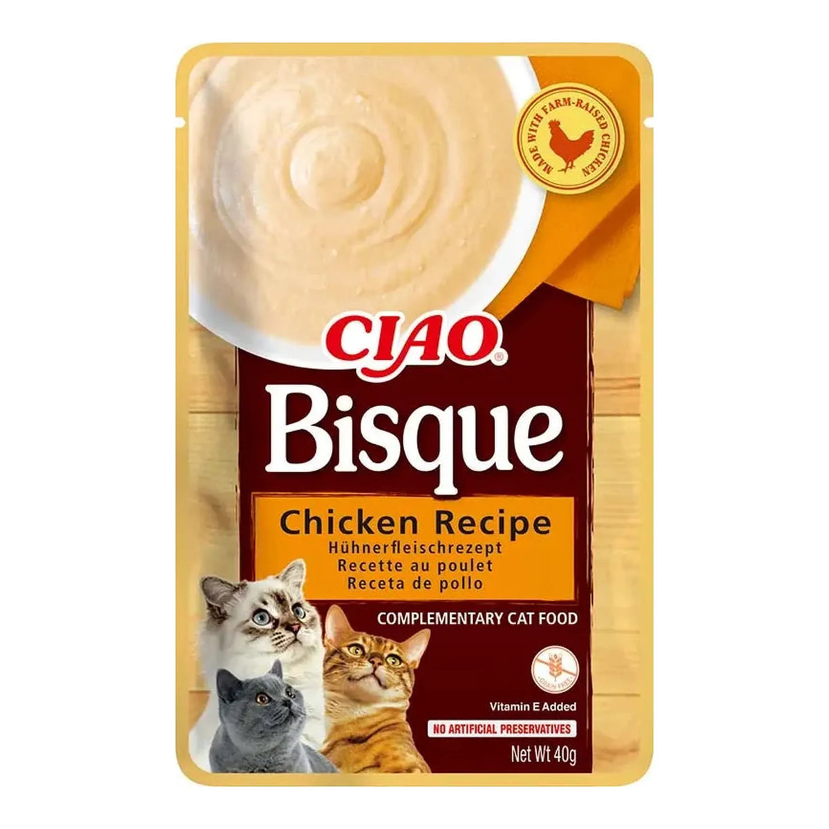 Bolsa dorada y roja de Ciao Bisque de pollo, una de las tres cremas que incluye la caja