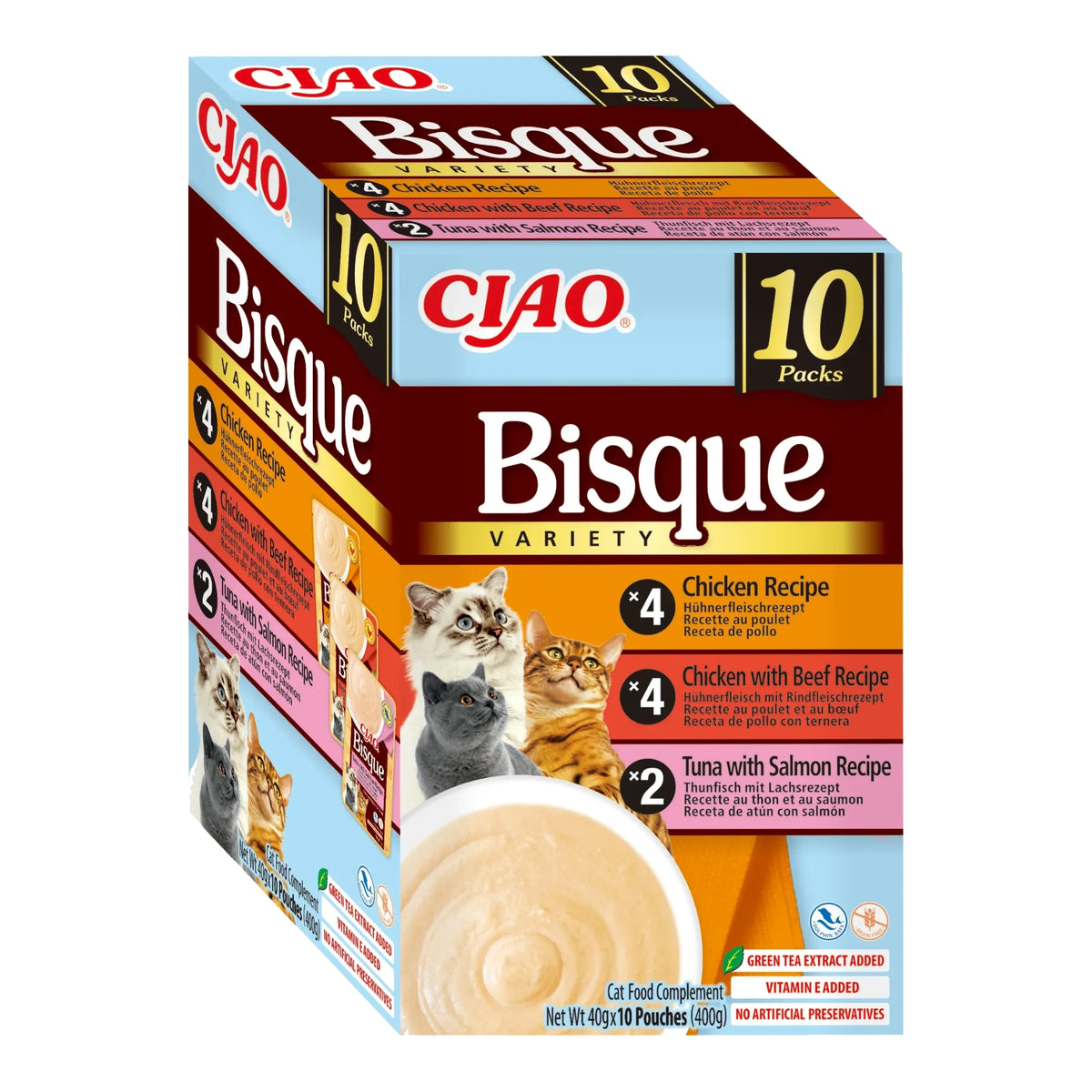 Ciao Bisque variedades de pollo, pollo con ternera y atún con salmón para gatos, caja de 10 bolsas de 40 g, EAN 4262365731999