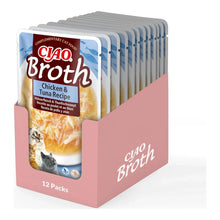 Caja expositora abierta con bolsas de Ciao Broth de pollo con atún, lista para colocar